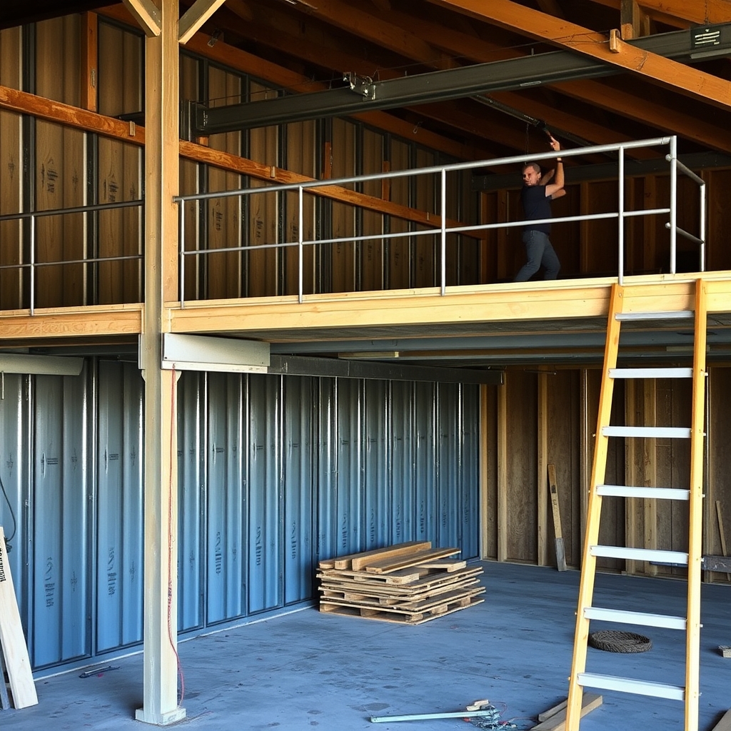 Mezzanine et plancher en cours de pose (illustration)
